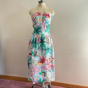 Vintage 1980s Tropical Novelty Print Cotton Halter Dress